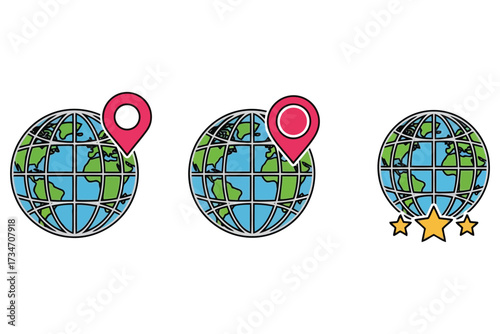 Vector art of three globe icons with location pin and stars symbolizes global reach, international presence, and toprated services in a clean, modern design