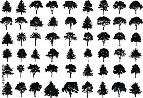 Tree silhouettes collection, black tree icons, forest shapes, nature design elements, vector trees, landscape art, park scene graphics, woodland decoration pack