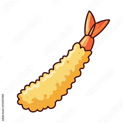 A single piece of crispy fried shrimp tempura with its tail, shown in a cartoon vector illustration style on a white background.
