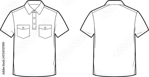 Short sleeve collared shirt flat sketch, fashion technical drawing, casual apparel design, chest pocket illustration, garment template, clothing construction vector outline