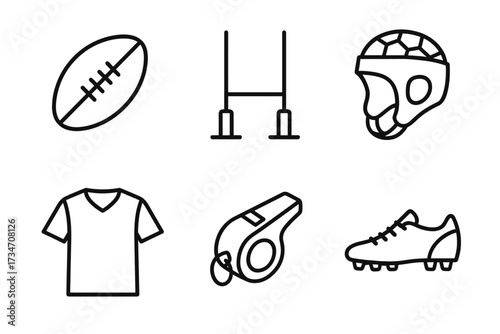 Rugby equipment icons: ball, goalposts, helmet, jersey, whistle, cleat