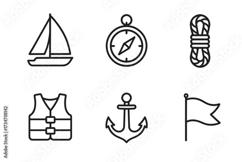 Nautical icons set: sailboat, compass, rope, life vest, anchor, flag