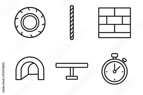 Black and white icons of tire, rope, brick wall, arch, balance beam, and stopwatch