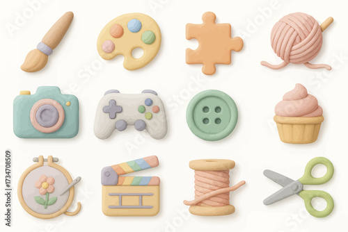 Colorful creative tools and hobbies icons set in pastel tones