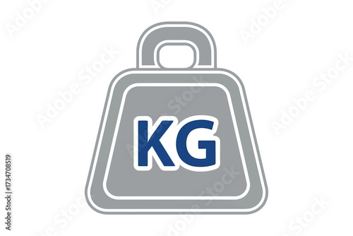 Illustration of a gray weight with the letters kg in blue, symbol of kilogram, unit of mass, weightlifting and fitness concept