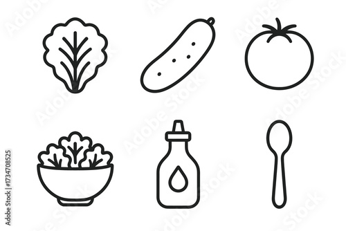 Outline icons of lettuce, cucumber, tomato, salad bowl, dressing bottle, and spoon