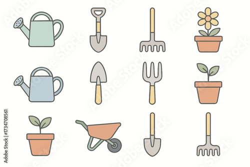 Gardening tools and plants: watering cans, shovel, rake, flower, and sprouts