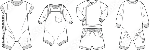 Baby clothing flat sketch, toddler apparel design, romper and overall illustration, infant fashion template, garment construction drawing, kidswear vector technical outline