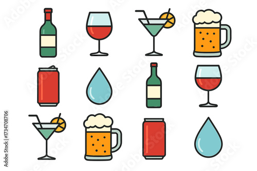 Variety of beverage icons featuring wine beer cocktails and soft drinks
