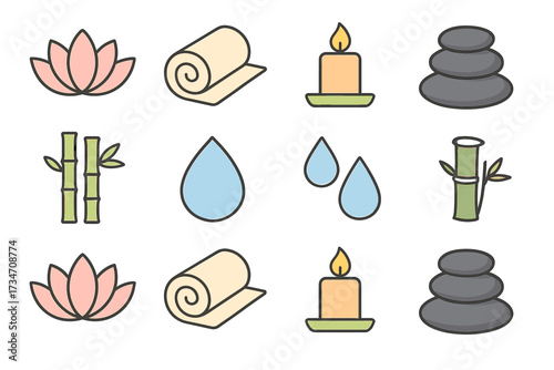 Serene spa icons: bamboo, stones, candles, lotus, water drops for relaxation and wellness
