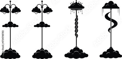 Collection of creative fantasy lamp post silhouettes with cloud designs, crown decorations, spiral poles, and abstract artistic streetlight concepts