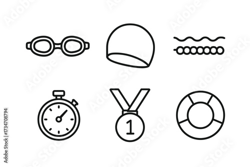Swimming gear and equipment icons: goggles, cap, lap counter, stopwatch, medal, lifebuoy