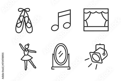 Ballet essentials: shoes, music note, stage, ballerina, mirror, spotlight icons