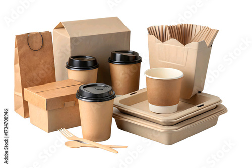 Collection of eco friendly disposable food packaging and cups isolated on transparent background