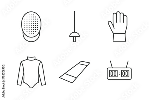 Vector icons of essential fencing equipment: helmet, sword, glove, suit, mat, timer