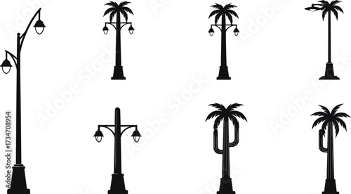 Collection of creative street light lamp post silhouettes designed with palm trees and cactus shapes for urban decoration and outdoor lighting
