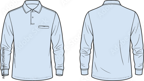 Long sleeve polo shirt vector, front and back view, kids fashion illustration, light blue garment design, collar and pocket detail