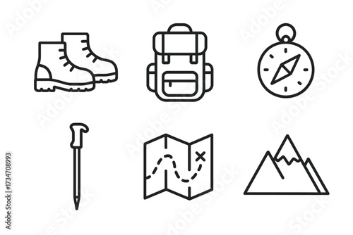 Essential hiking gear: boots, backpack, compass, trekking pole, map, mountain icon set