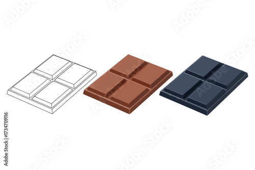 Vector art of three chocolate bar squares in different styles a line drawing, a brown one, and a dark blue one, all with a foursquare design