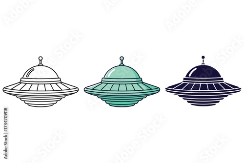 Vector art of three ufos in different styles a line drawing, a turquoise one, and a dark blue one, all with a classic flying saucer shape and a small dome on top