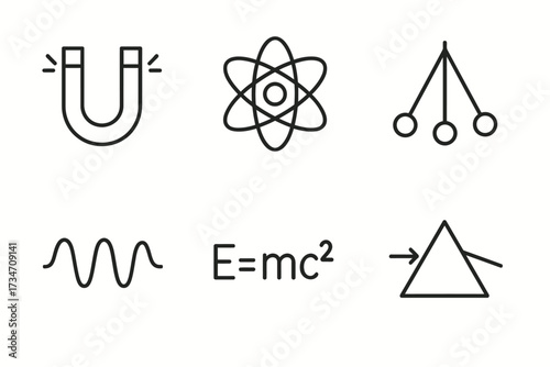 Scientific symbols: magnet, atom, pendulum, wave, equation, prism