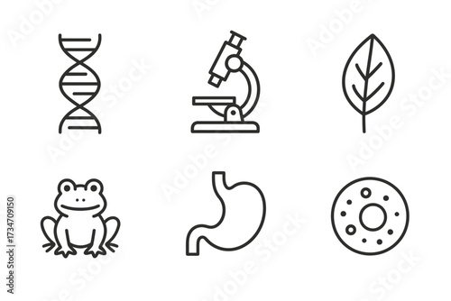 Science icons: dna, microscope, leaf, frog, stomach, and donut symbols