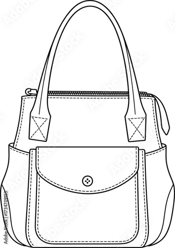 Handbag vector illustration, black and white fashion sketch, structured purse design, zip closure, flap pocket, side compartments drawing
