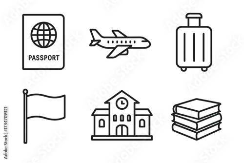Travel and education symbols: passport, airplane, luggage, flag, school, books