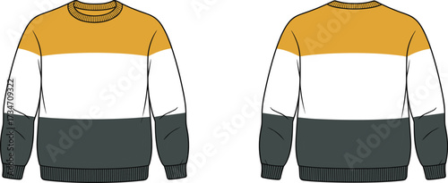 Color-blocked sweater vector illustration, front and back view, kids fashion design, ribbed neckline cuffs hem, mustard white gray style