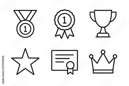 Outline icons of award medal, ribbon, trophy, star, certificate, crown