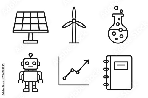 Energy and technology icons: solar panel, wind turbine, chemistry flask, robot, graph, notebook