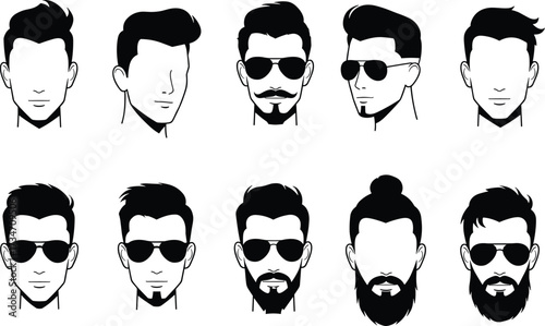 Male hairstyle vector illustration set, modern beard styles, sunglasses fashion silhouettes, trendy haircut collection for barbershop design and branding