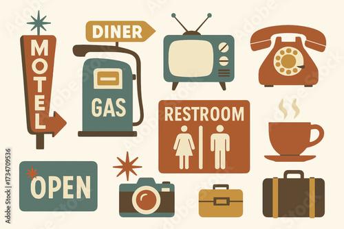 Retro travel icons: motel, diner, gas pump, restroom, tv, telephone, coffee, luggage