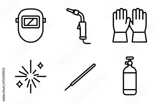Essential welding equipment and safety gear line icons