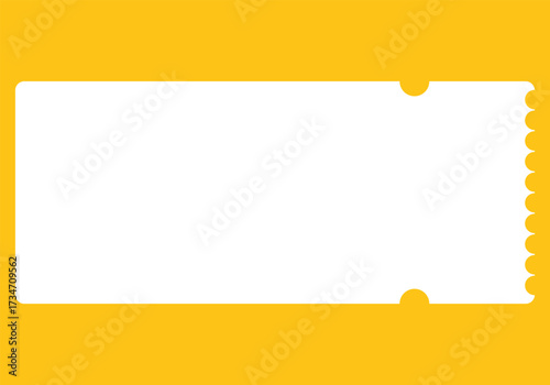 A blank white ticket with perforated edges and rounded corners, isolated on a yellow background