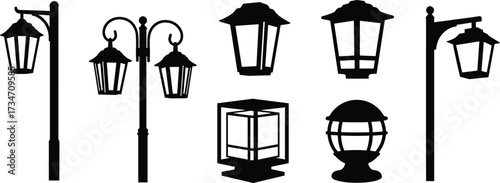 Collection of vintage and modern street light and lamp post silhouettes, outdoor urban lighting vector set for decoration design elements.