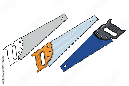 Vector art of three hand saws in different styles a carpentry tool for cutting wood, plastic, or metal, with a toothed blade and handle for manual operation