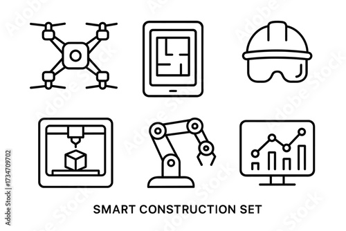 Smart construction set: drone, tablet, helmet, 3d printer, robotic arm, analytics