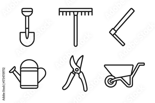 Outline icons of essential gardening tools: shovel, rake, hoe, watering can, shears, wheelbarrow