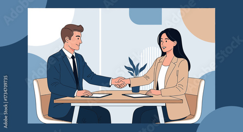 Business Agreement: Man and Woman Shake Hands After Successful Negotiation in Office
