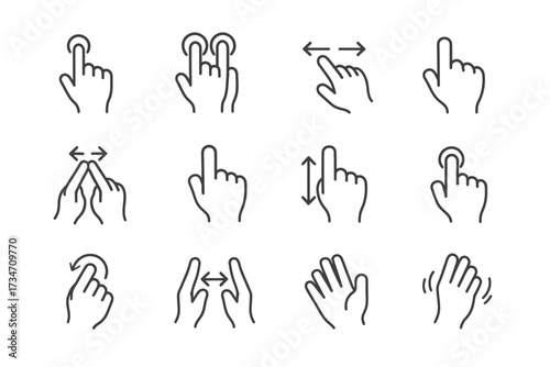 Gesture icon set: hand touching, swiping, pinching, scrolling, rotating motions