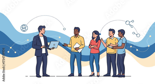 Business presentation delivered by professional man to diverse team members with laptop