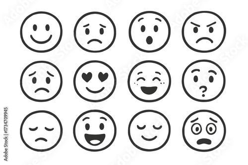 Various facial expressions of emoticons: happiness, sadness, love, anger, confusion