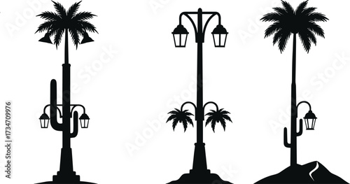 Creative decorative street light lamp post silhouettes with palm tree and cactus design for outdoor urban lighting and modern landscape
