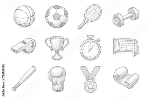 Collection of hand-drawn sports equipment icons including ball, trophy, and stopwatch