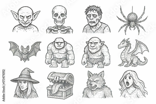 Hand-drawn monster illustrations featuring fantasy creatures and characters