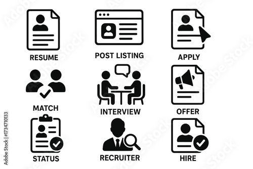 Job recruitment process icons: resume, interview, offer, hire stages