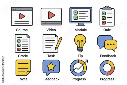 Online learning icons: course, video, module, quiz, grade, task, tip, feedback, progress, note