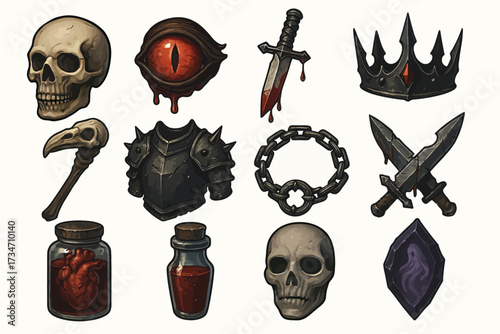 Gothic icons: skulls, weapons, and mystical artifacts in dark fantasy style