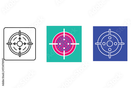 Vector art of three target icons in different styles one is a line drawing, one is colorful, and one is blue a symbol for accuracy and precision